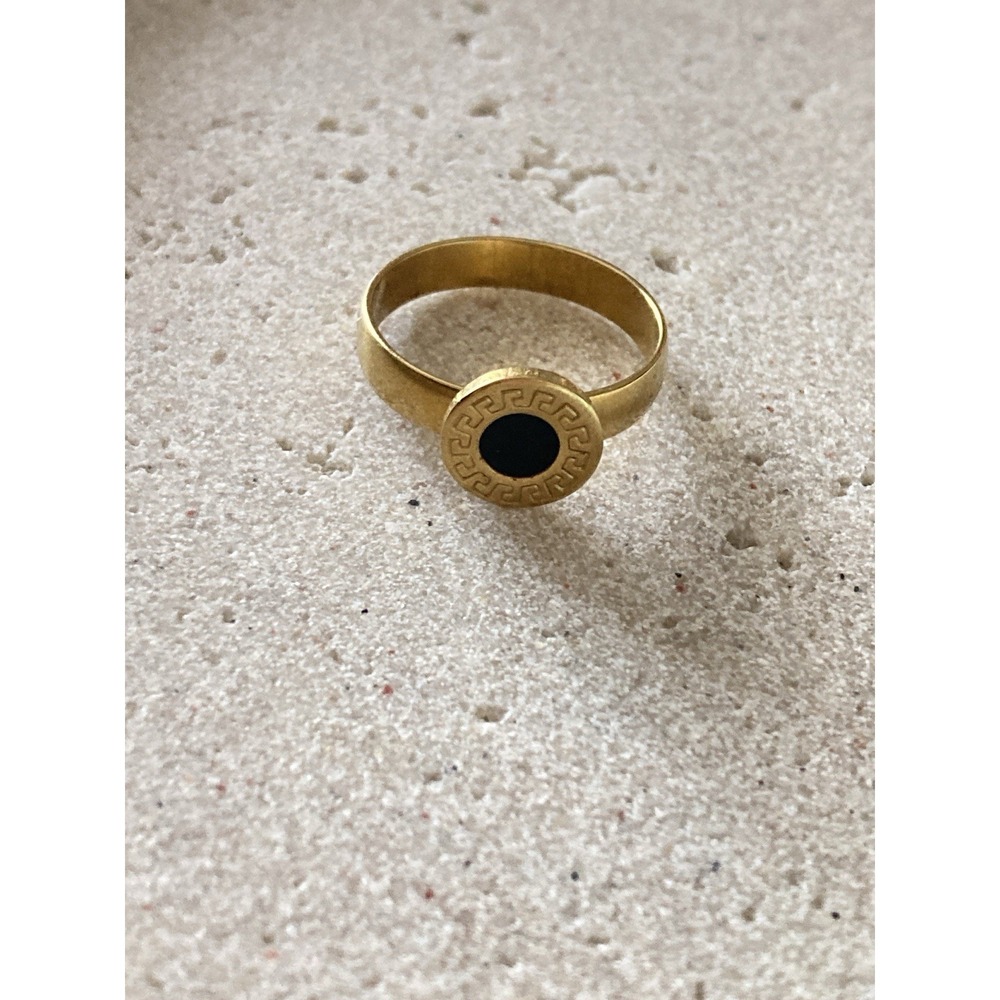 Gold Tone Ring Black Enamel Greek Key Round Minimalist Egyptian Revial